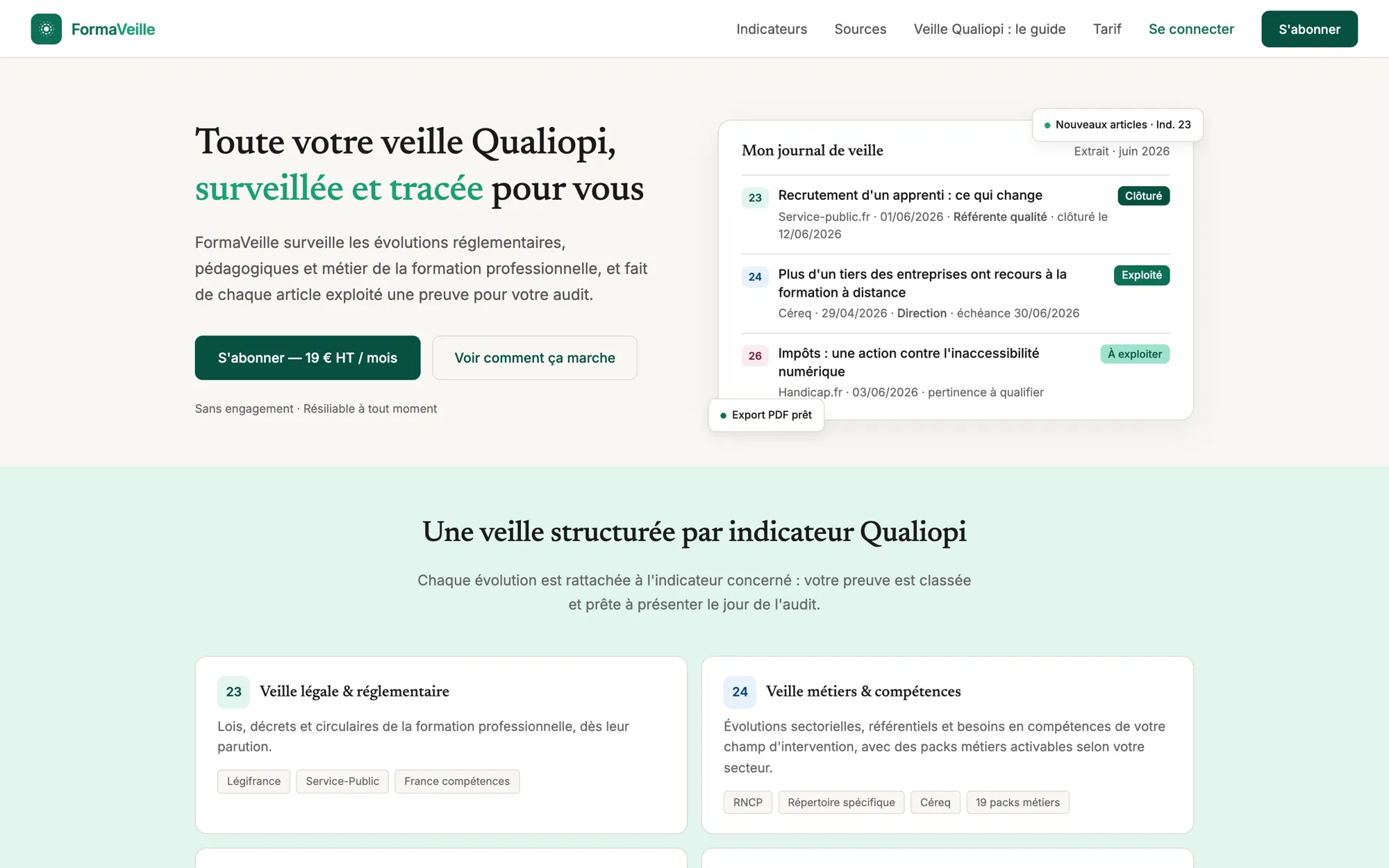 La page d’accueil de FormaVeille.fr : « Toute votre veille Qualiopi, surveillée et tracée pour vous », avec un extrait du journal de veille.
