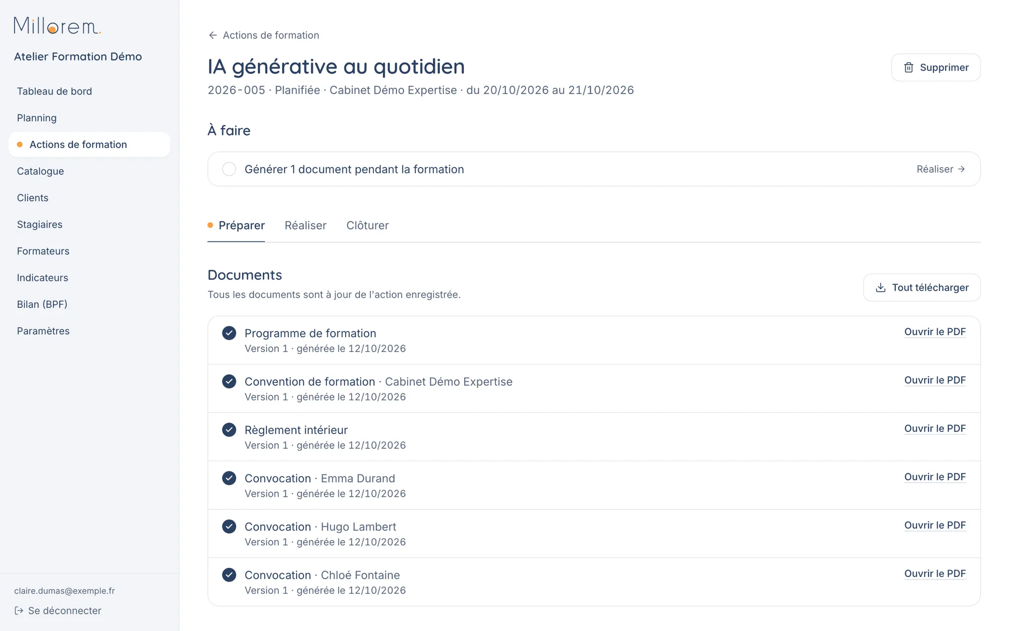 Notre logiciel de suivi des formations, avec des données fictives : la fiche d’une formation et ses six documents générés automatiquement (programme, convention, règlement intérieur, convocations), chacun avec un lien « Ouvrir le PDF ».