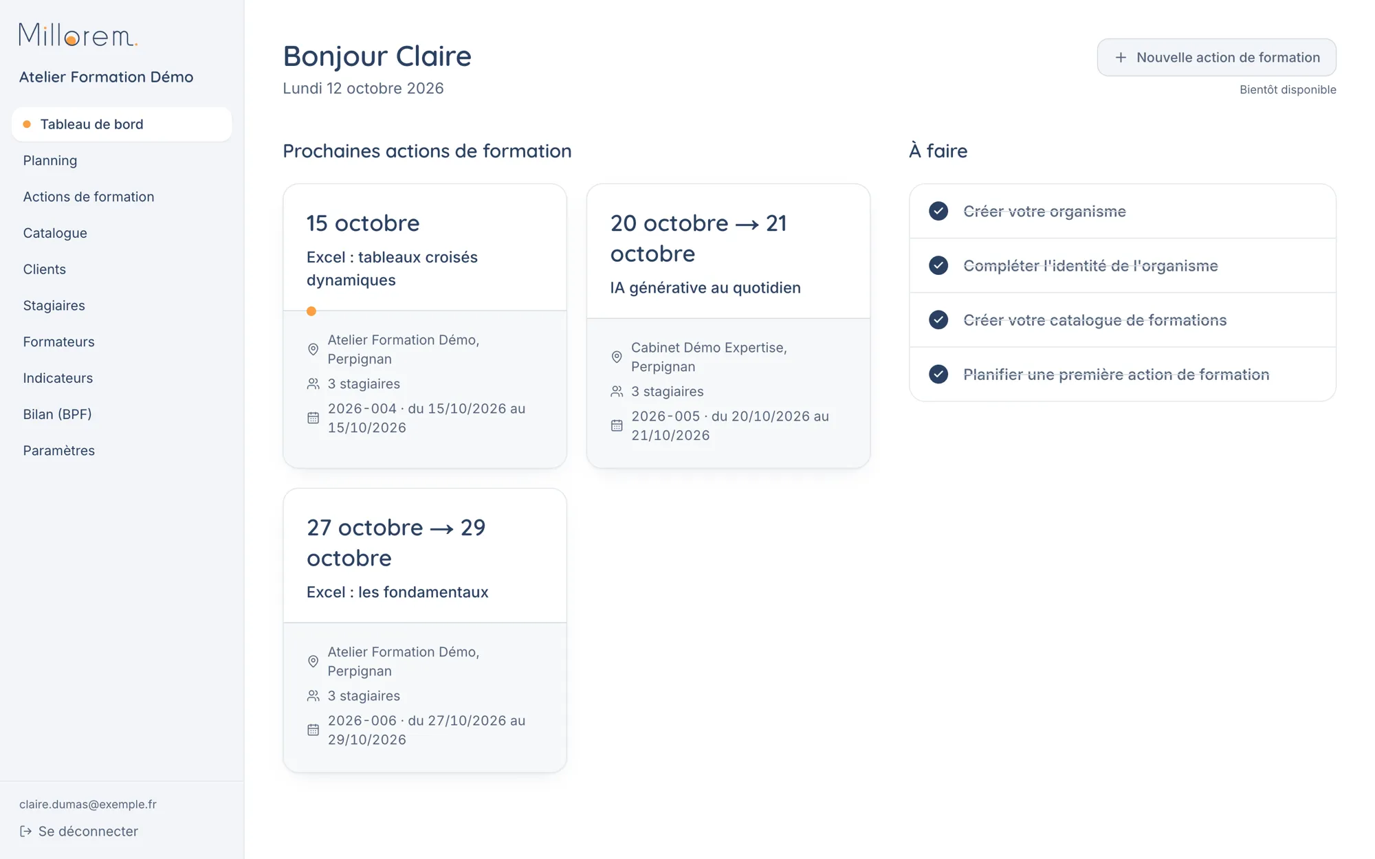 Le tableau de bord de notre logiciel de suivi des formations, avec des données fictives : les prochaines actions de formation et la liste des tâches, toutes cochées.